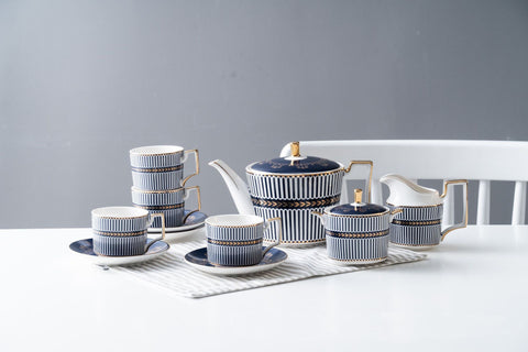 New Design Retro Blue Strips Bone China Tea & Coffee Set