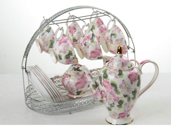 New Design Purple Flowers Bone China Tea & Coffee Set