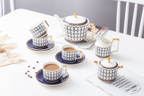New Design Retro Blue Rings Bone China Tea & Coffee Set
