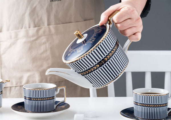 New Design Retro Blue Strips Bone China Tea & Coffee Set