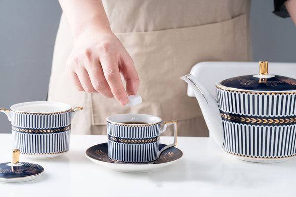 New Design Retro Blue Strips Bone China Tea & Coffee Set