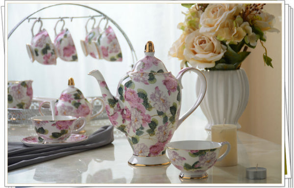 New Design Purple Flowers Bone China Tea & Coffee Set