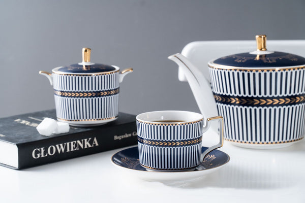 New Design Retro Blue Strips Bone China Tea & Coffee Set