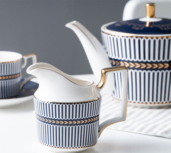 New Design Retro Blue Strips Bone China Tea & Coffee Set