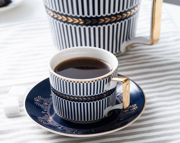 New Design Retro Blue Strips Bone China Tea & Coffee Set