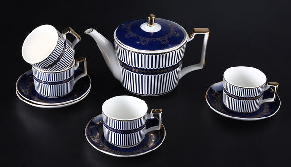 New Design Retro Blue Strips Bone China Tea & Coffee Set