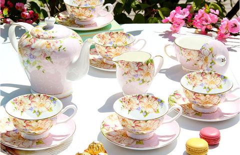 Popular Pink Flowers Bone China Tea & Coffee Set